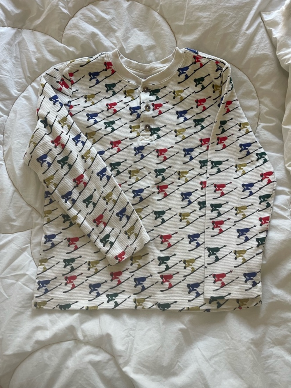 Kids White Henley Tee with Colorful Skier Pattern